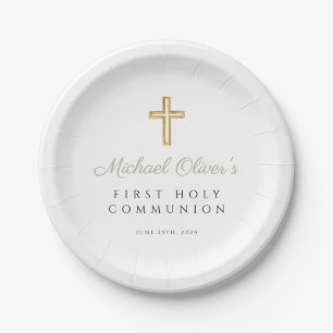 Assiettes En Carton Sage Green Script Religieux Première Communion