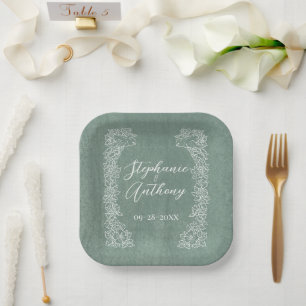 Assiettes En Carton Sage Vert Blanc Oiseau Fleur sauvage Bordure Plutô