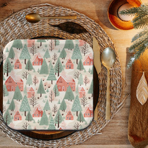 Assiettes En Carton Sage Vert clair pin rose cônes toits et arbres