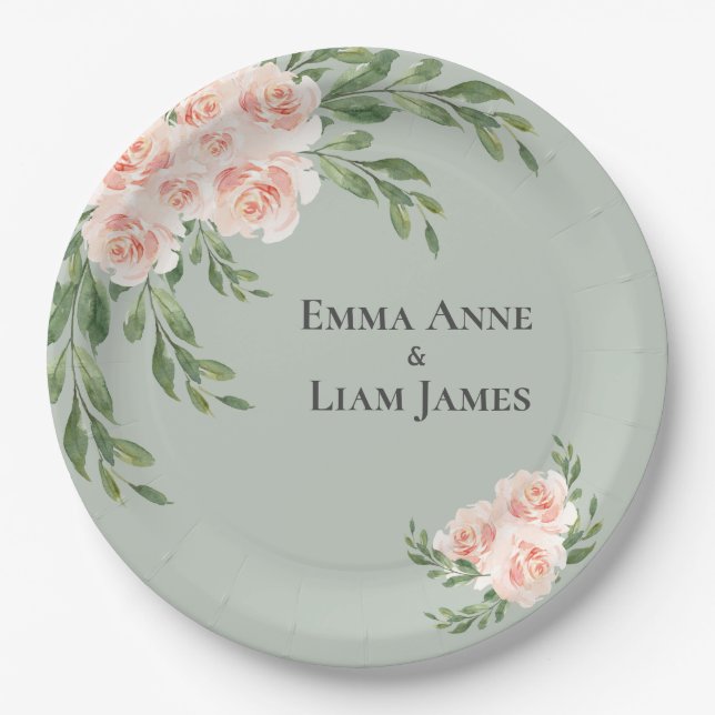 Assiettes En Carton Sage Vert Floral Aquarelle Mariage romantique (Devant)
