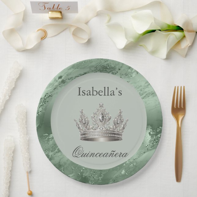 Assiettes En Carton Sage Vert métal argent Tiara Couronne Quinceañera (Mariage)