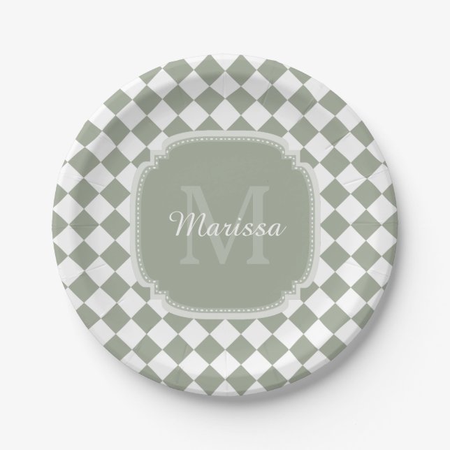 Assiettes En Carton Sage vert tendance Vérifié Nom Monogrammé (Devant)