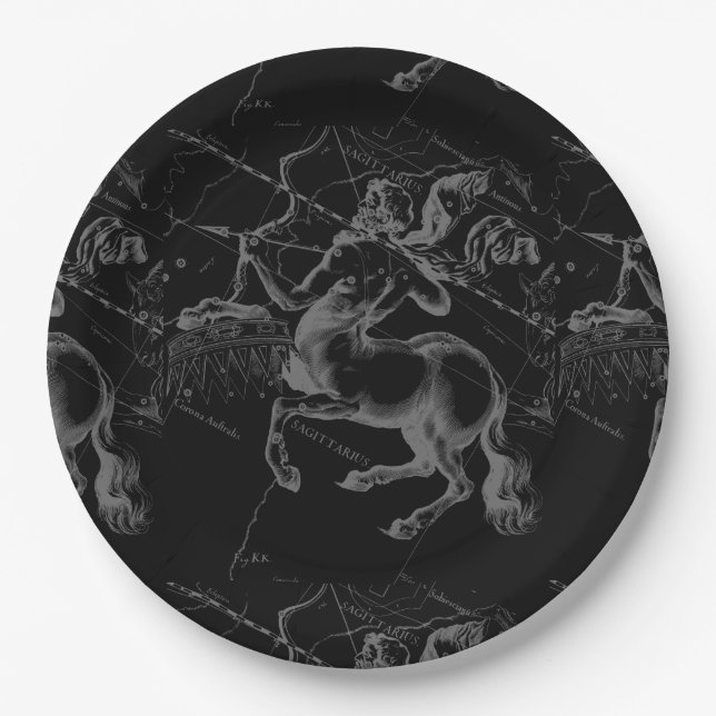 Assiettes En Carton Sagittarius Constellation Hevelius 1690 sur noir (Devant)
