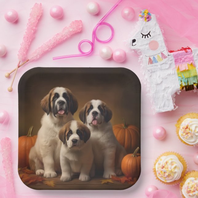 Assiettes En Carton Saint Bernard Puppy Automne Citrouille (Fête)
