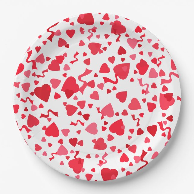 Assiettes En Carton Saint Valentin Coeurs de Confetti Rouge (Devant)
