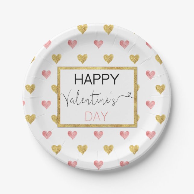Assiettes En Carton Saint-Valentin Coeurs Rose or - Plaque en papier (Devant)