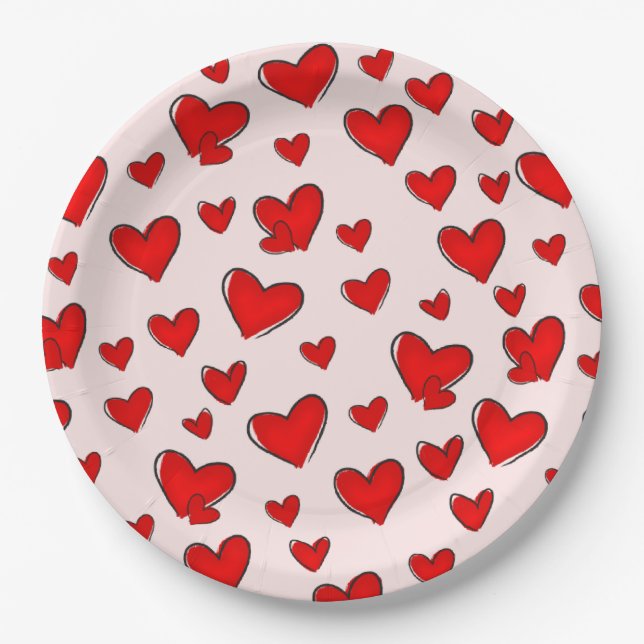 Assiettes En Carton Saint Valentin Romantique Coeurs rouges Vacances r (Devant)