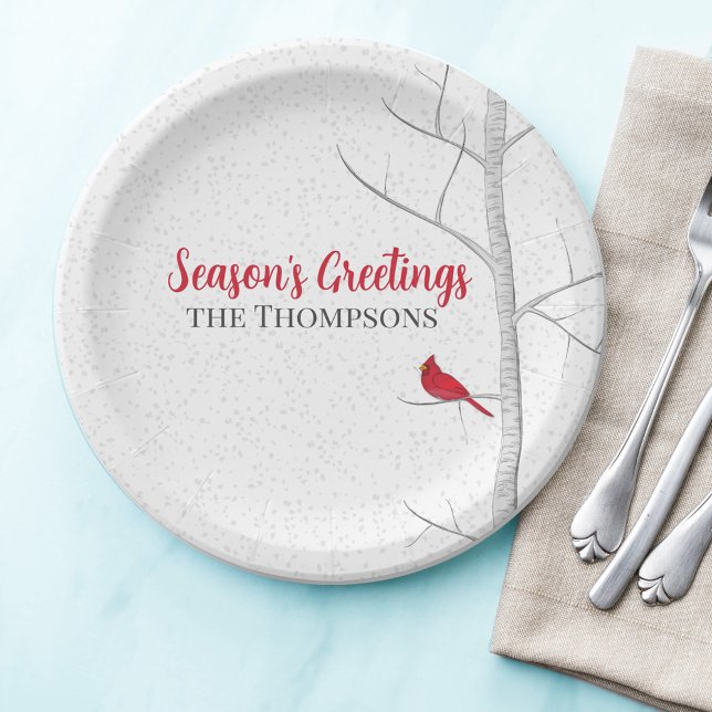 Assiettes En Carton Saison de vacances Salutation Red Cardinal Birch T (Season's Greetings custom paper plate with botanical red cardinal.)