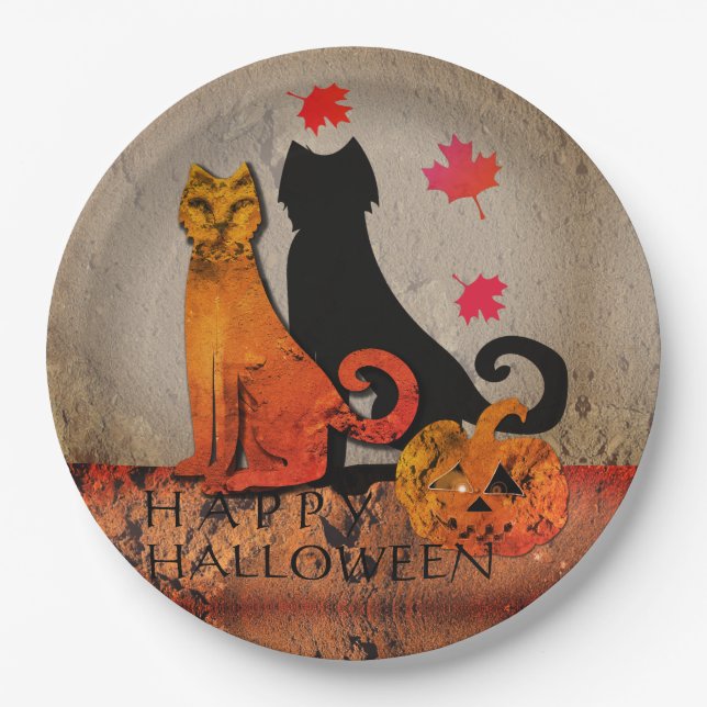 Assiettes En Carton Salutation de chats d'Halloween (Devant)