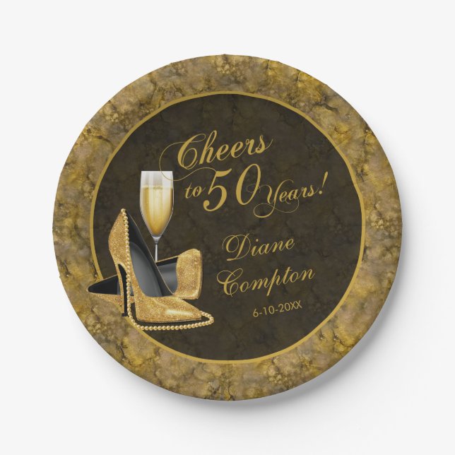 Assiettes En Carton Salutations à 50 ans Black Gold Anniversaire (Devant)