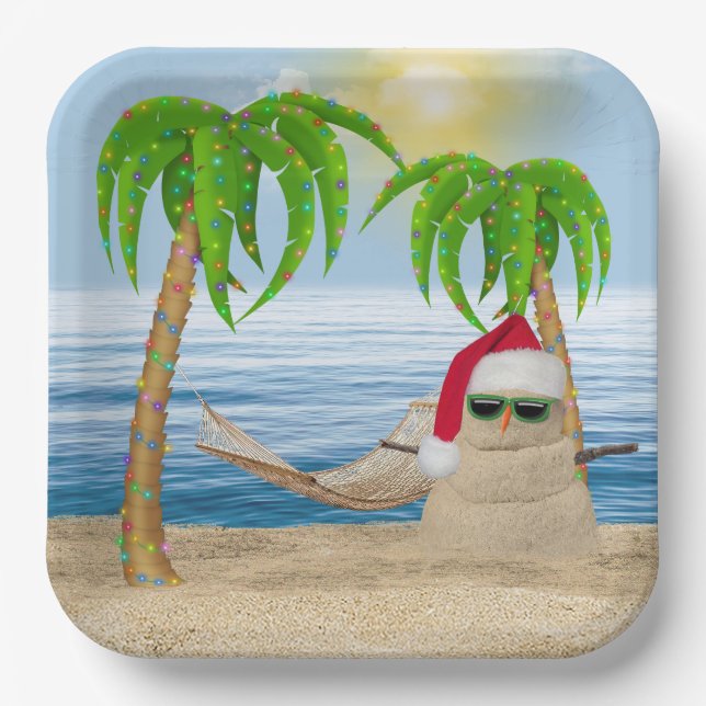 Assiettes En Carton Sandman De Noël Sur La Plage Tropicale (Recto)