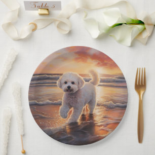 Assiettes En Carton Sandy Paws Bichon Frise Dog sur Beach Sunset
