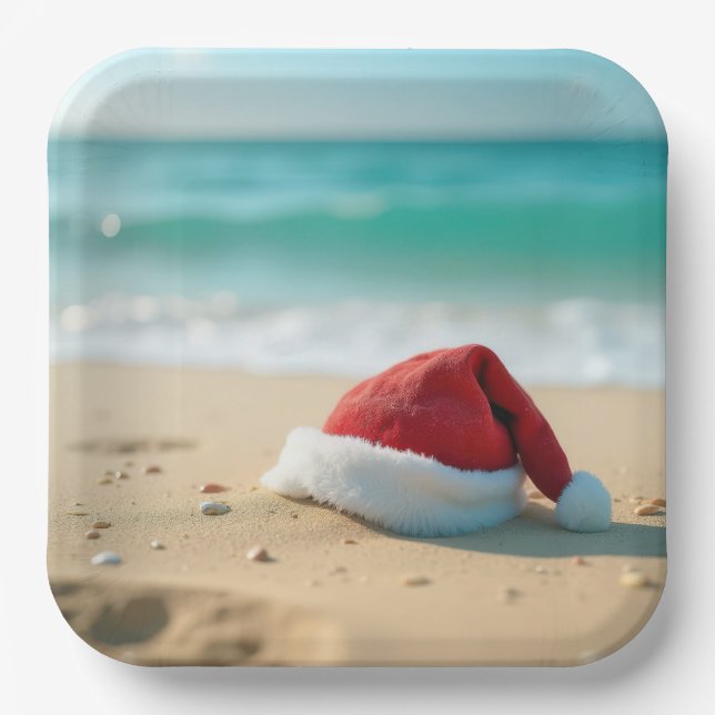 Assiettes En Carton Santa Claus Casquette sur une plage tropicale (Recto)