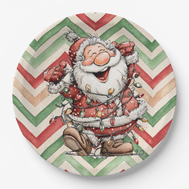 Assiettes En Carton Santa Claus Tangled In Christmas Lights (Devant)