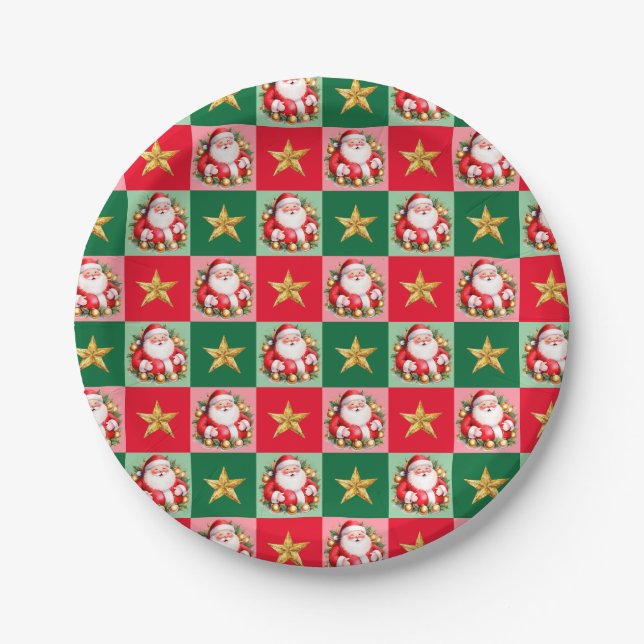 Assiettes En Carton Santa Claus Tartan Rétro Noël Plaid (Devant)