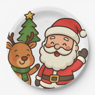 Assiettes En Carton Santa et rudolph blanc