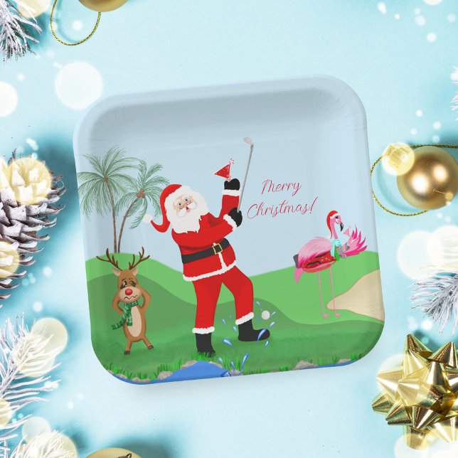 Assiettes En Carton Santa joue au golf hors de l'eau avec une fête Mar (Enjoy your Christmas party food on this Golf themed Christmas plate!)