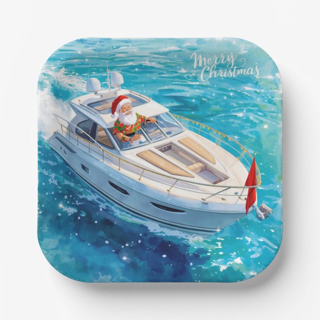 Assiettes En Carton Santa Sailing – Tropical Christmas by the Sea (Recto)