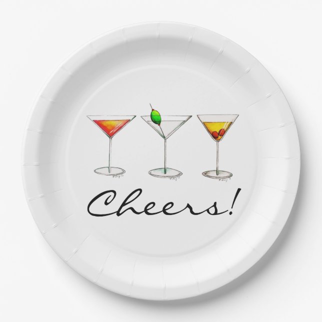 Assiettes En Carton Santé! Cocktails Martini Cosmo Manhattan Boissons (Devant)