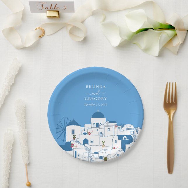 Assiettes En Carton Santorin Destination Mariage de l'île grecque (Mariage)