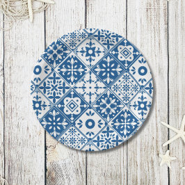 Assiettes En Carton Santorini Carreaux Bleus thème grec/ espagnol