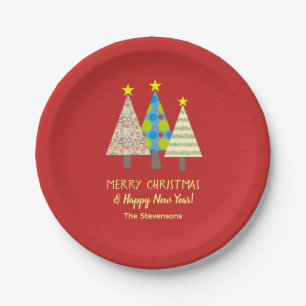 Assiettes En Carton Sapin de Noël rouge personnalisé