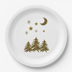 Assiettes En Carton Sapin de Noël scintillant, lune, étoiles