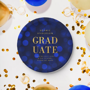 Assiettes En Carton Sapphire Blue Bokeh Lights Faux Gold Graduate