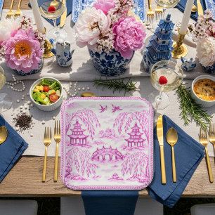 Assiettes En Carton Saules en fausse porcelaine blanche rose de style