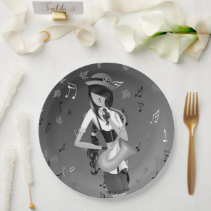 Assiettes En Carton Saxophoniste clown monochrome gris 