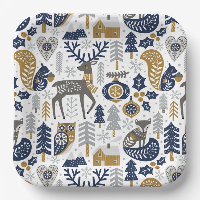 Assiettes En Carton Scandinavie Woodland Animaux Snowflakes Noël (Recto)