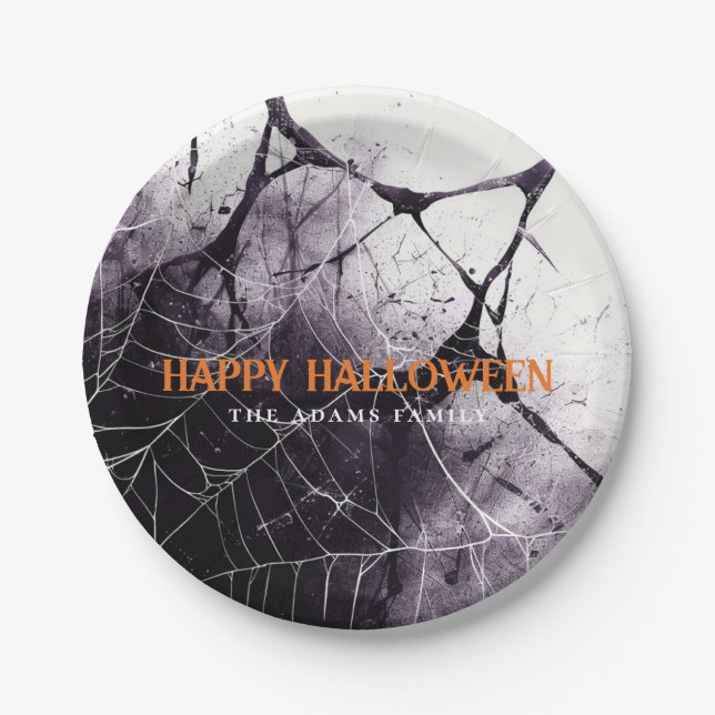 Assiettes En Carton Scary Spider Web Happy Halloween Nom personnalisé (Devant)