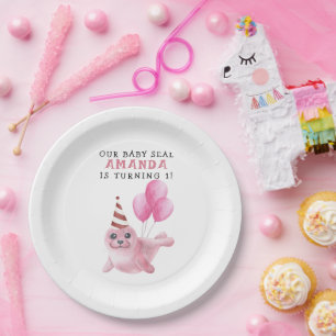 Assiettes En Carton Sceau rose 1er anniversaire sous la mer