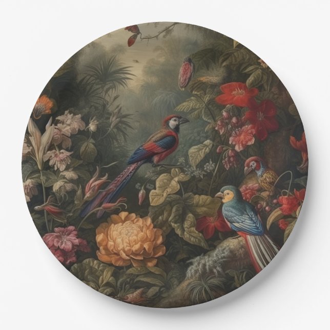 Assiettes En Carton Scène botanique vintage oiseaux fleurs au paradis (Devant)