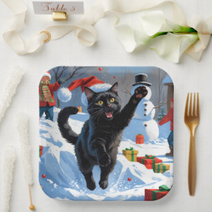 Assiettes En Carton Scène de neige festive de Noël Black Cat