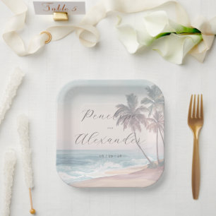 Assiettes En Carton Scène de plage à l'aquarelle pastel romantique