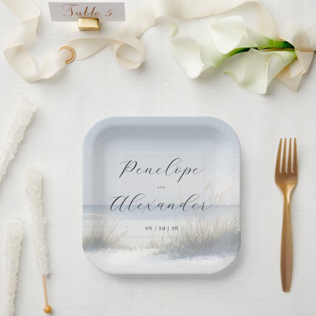 Assiettes En Carton Scène de plage bleu serein (Mariage)
