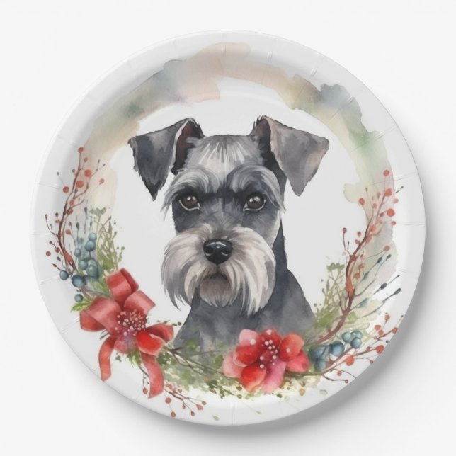Assiettes En Carton Schnauzer Christmas Wreath Festive Pup (Devant)