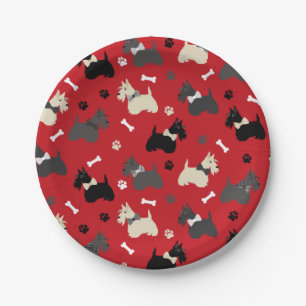Assiettes En Carton Scottish Terrier Paws and Bones Red
