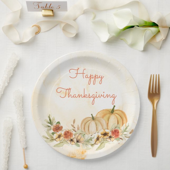 Assiettes En Carton Script d'aquarelle florale Citrouille Thanksgiving (Mariage)