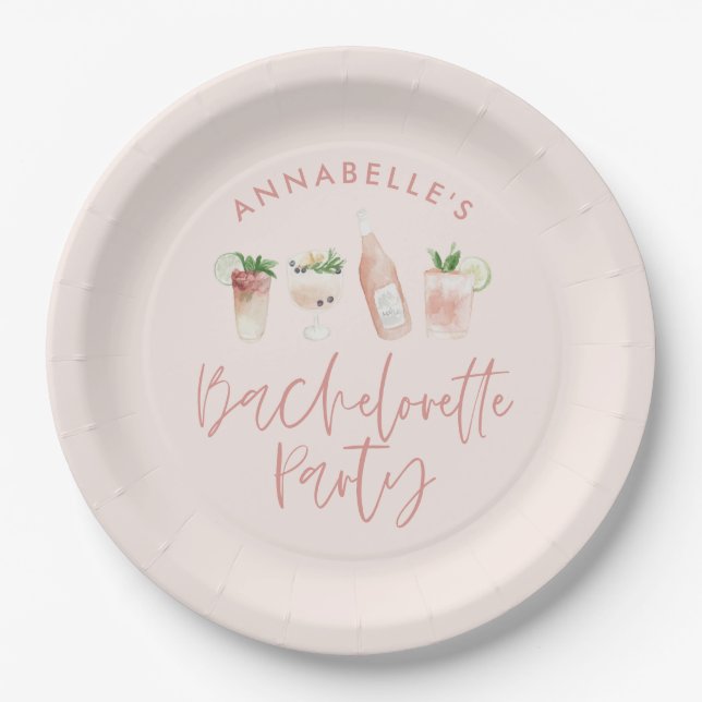Assiettes En Carton Script de cocktail moderne rose girly bachelorette (Devant)