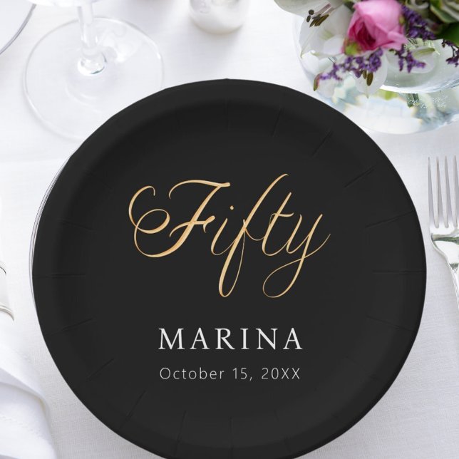 Assiettes En Carton Script de nom en or noir 50e anniversaire (Créateur téléchargé)
