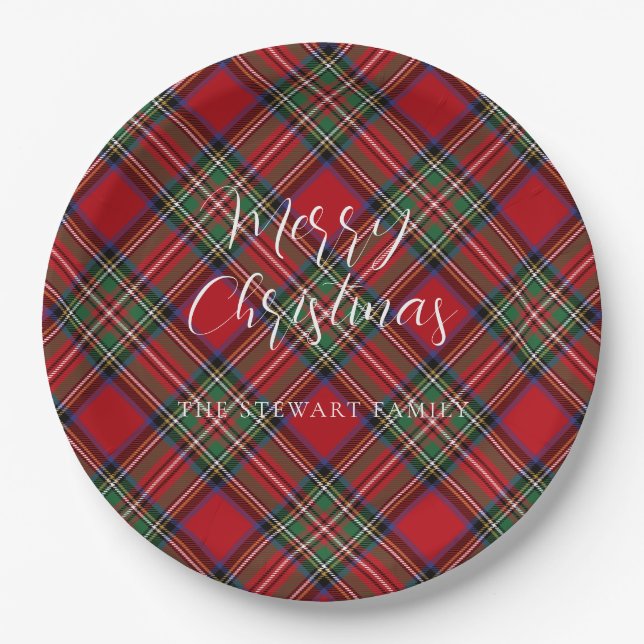 Assiettes En Carton Script élégant plaid Stewart Tartan personnalisé (Devant)