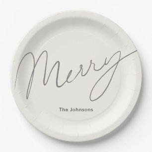 Assiettes En Carton Script minimaliste Joyeux Crème blanche