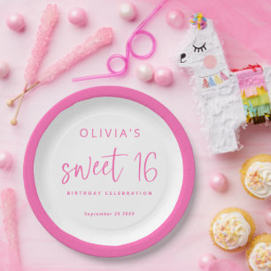 Assiettes En Carton Script moderne Hot rose Sweet 16 Anniversaire fête