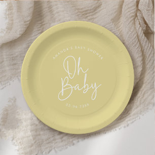 Assiettes En Carton Script moderne Jaune Oh Baby Baby shower simple