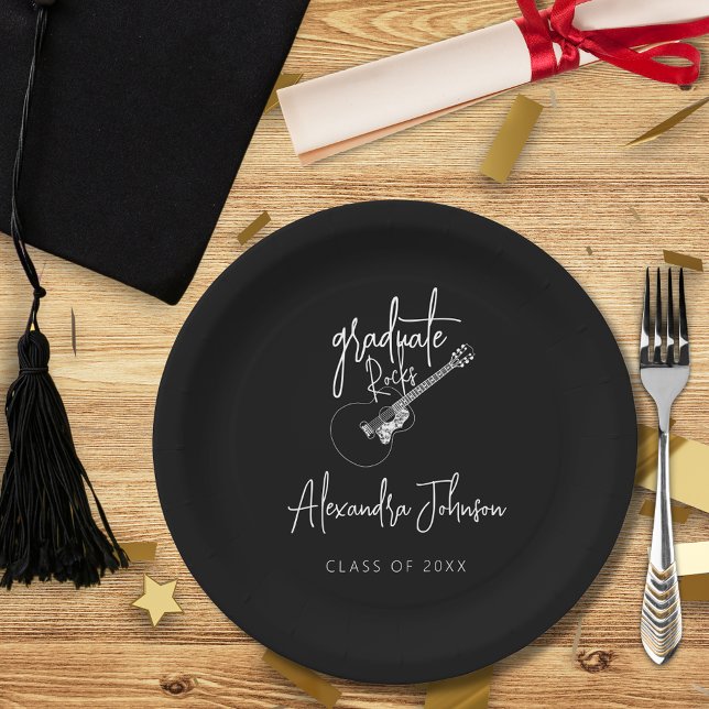Assiettes En Carton Script moderne Soirée Guitare tendance (Modern script cool trendy minimalist country guitar music themed graduation party custom paper plate)