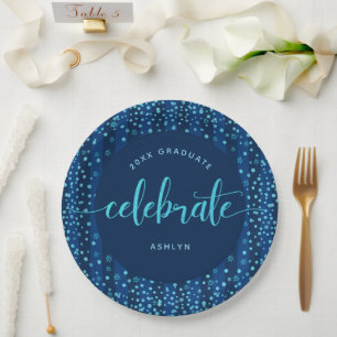 Assiettes En Carton Script moderne turquoise & points de parties scint