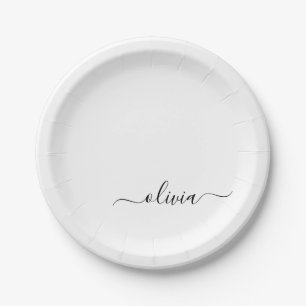 Assiettes En Carton Script Monogramme Nom Moderne Fille Noir Blanc