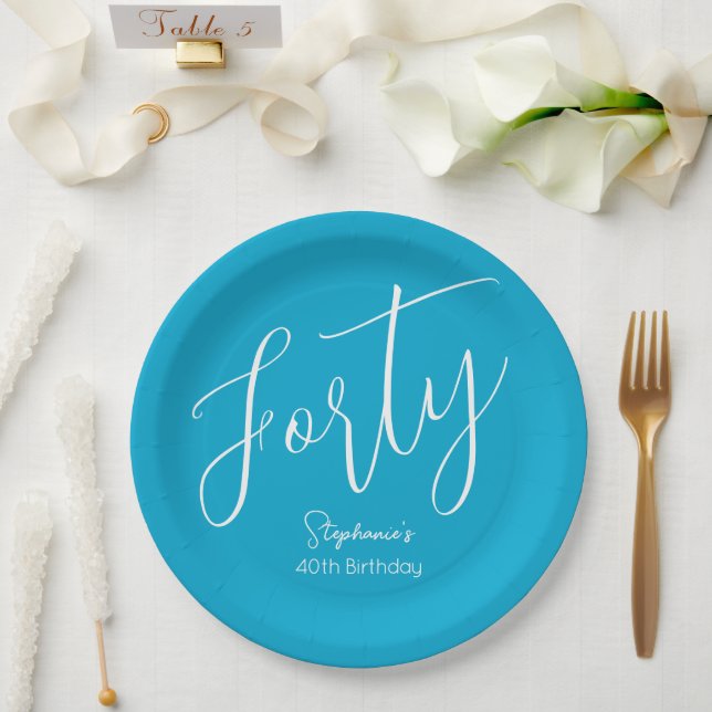 Assiettes En Carton Script simple moderne Aqua Blue 40th Birthday Part (Mariage)